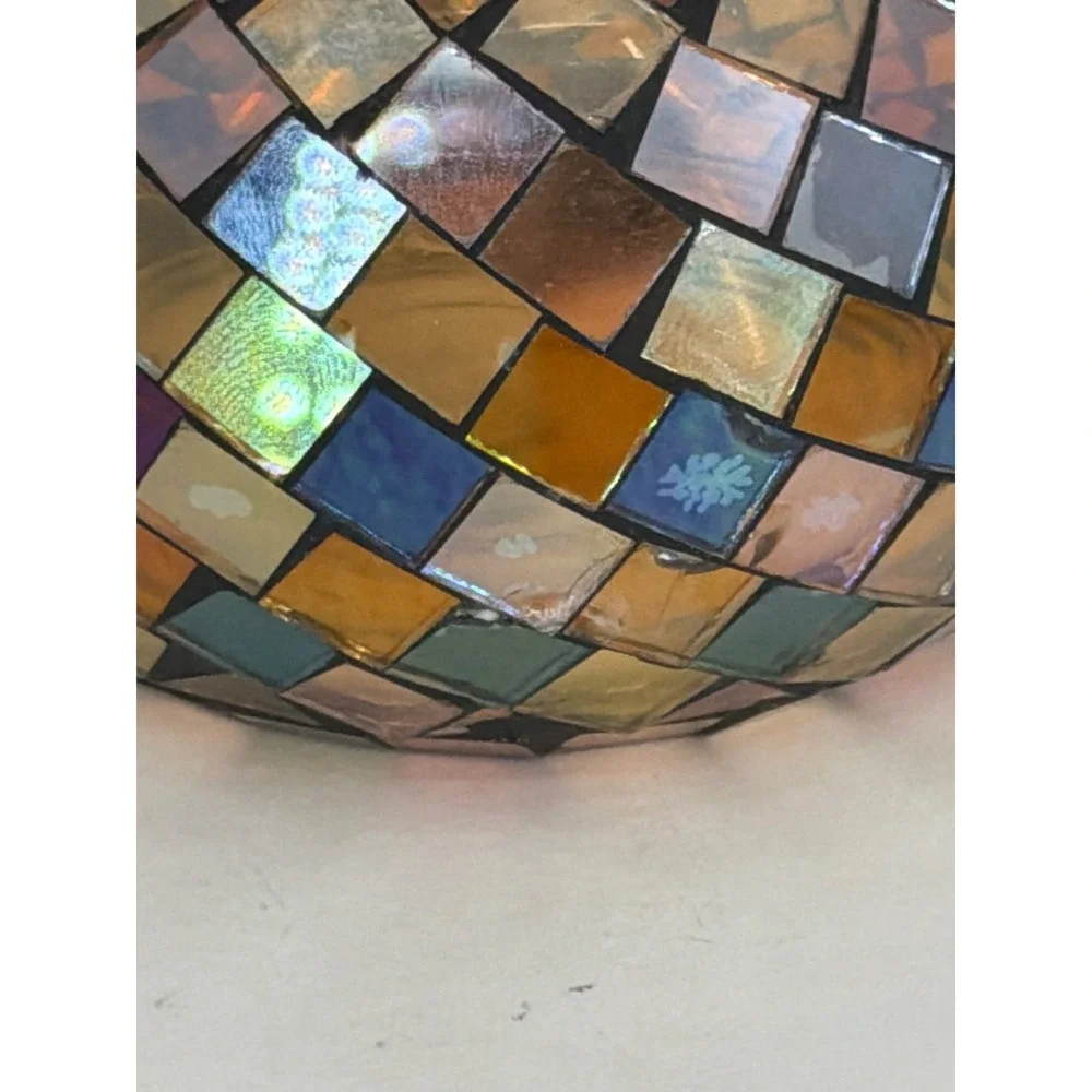 PartyLite Mosaic Glass Candle Holder Iridescent Amber Gold Beaded Trim Votive